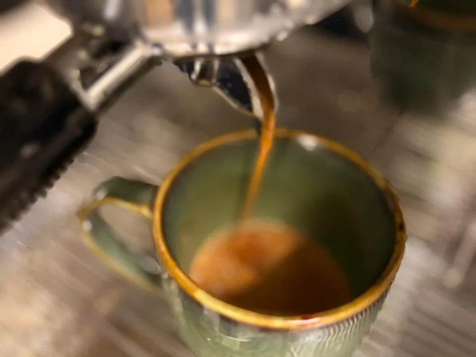 best-veg-restaurant-nh52-laxmangarh, Coffee Shot being poured through la carimali coffee machine